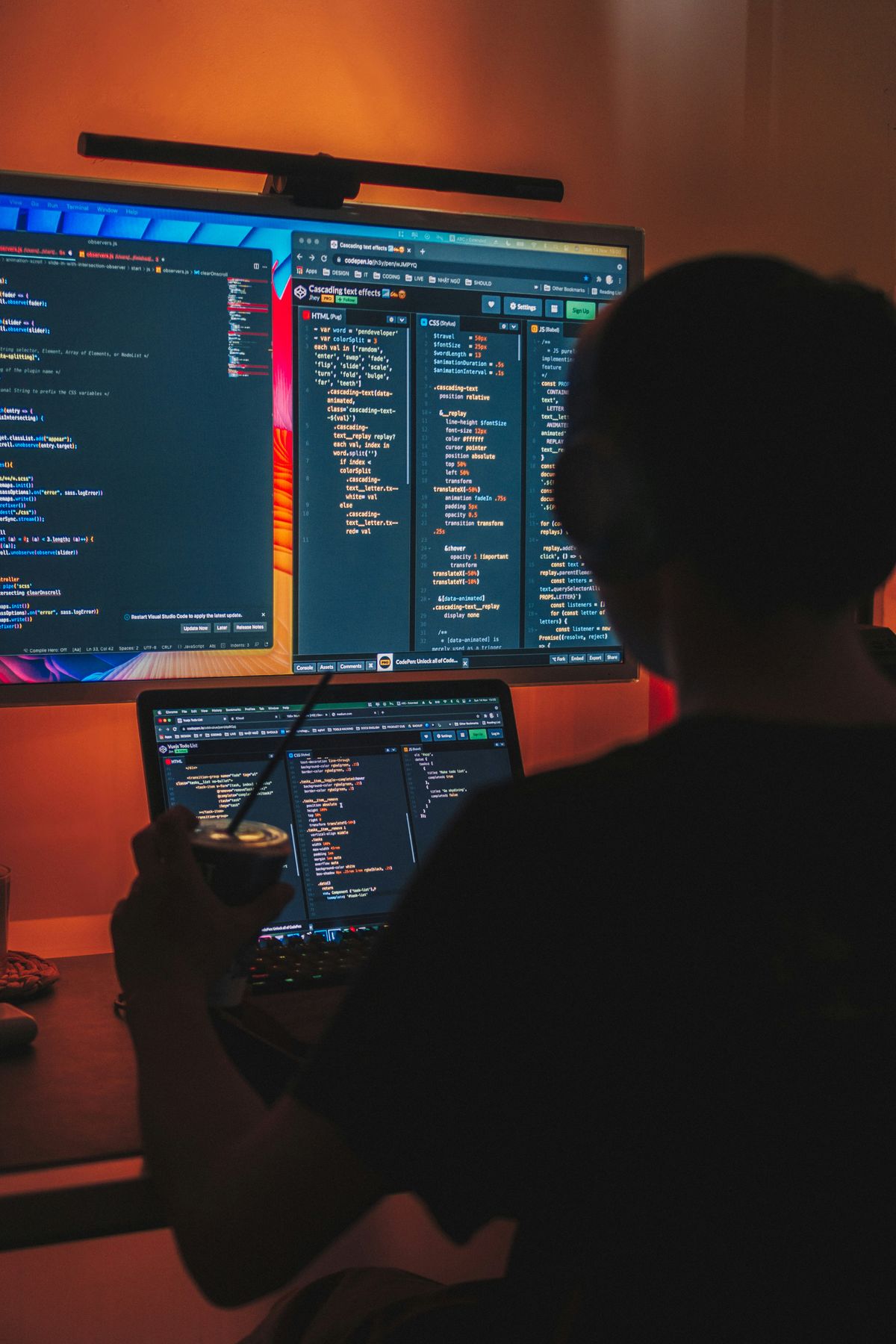 Person coding behind a monitor